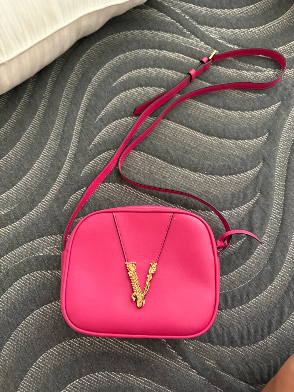 Versace Pink Leather Crossbody Bag with Gold V Accent